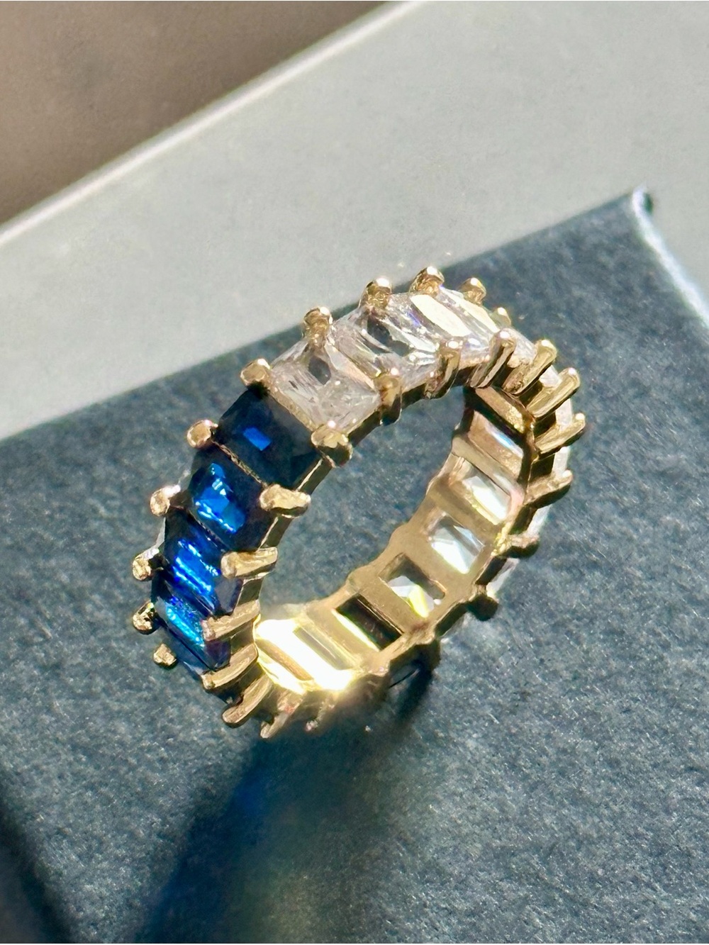 Gold-Tone Eternity Ring with Blue and Clear Emerald Cut Stones